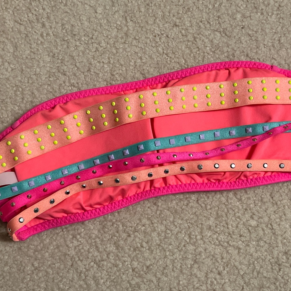 Victorias Secret Strappy Back Bandeau Swim Top studded neon strap strapless PINK